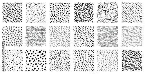 Set of hand drawn patterns isolated. textures made with ink, pencil, brush. geometric doodle shapes of spots, dots, circles, strokes, stripes, lines