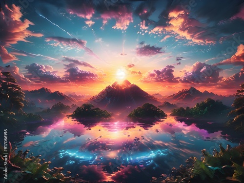 This captivating image features a man standing on a hill, gazing at a breathtaking sunset that paints the sky in vibrant hues of orange, pink, and purple.