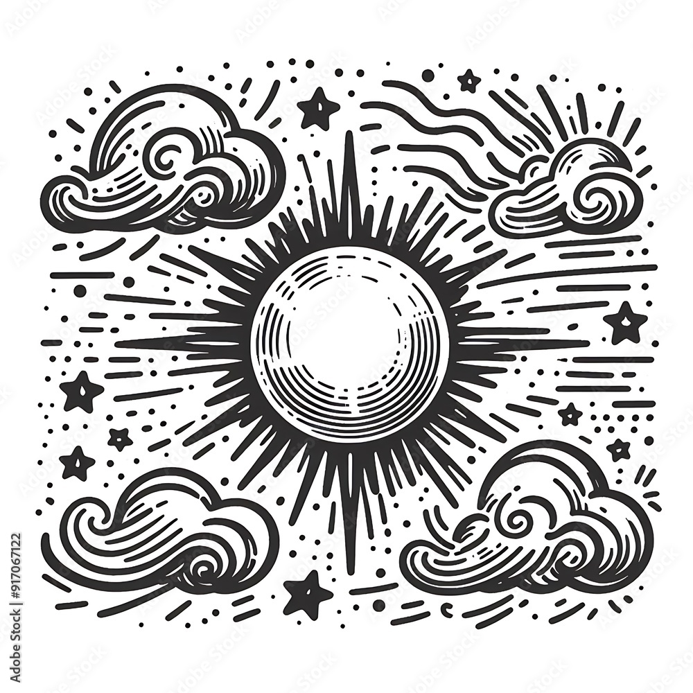 Detailed drawing of the sun with rays, engraving, hand drawing. Silhouette of the sun, linear sketch for tarot, astrology, divination. Vector illustration isolated on white background.
