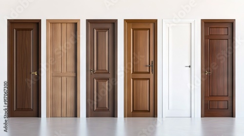 A row of wooden doors in a white room