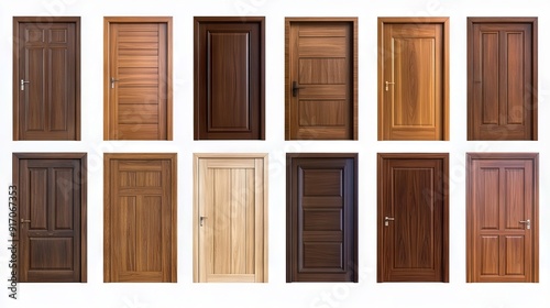 A set of different types of wooden doors on a white background