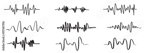 Sound waves doodle audio frequency radio signal voice line waveform volume music level symbol vector.