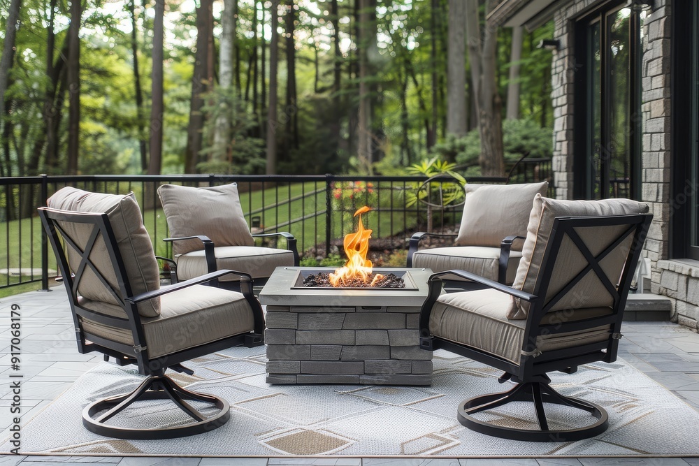 Modern 3-piece patio set with fire pit, two swivel chairs, and square dining table, black metal frame with beige cushions, placed on white area rug. Modern 3-piece patio set with fire pit, two swivel chairs, and square dining table, black metal frame with beige cushions, placed on white area rug.