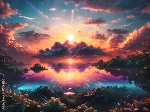 This captivating image features a man standing on a hill, gazing at a breathtaking sunset that paints the sky in vibrant hues of orange, pink, and purple.