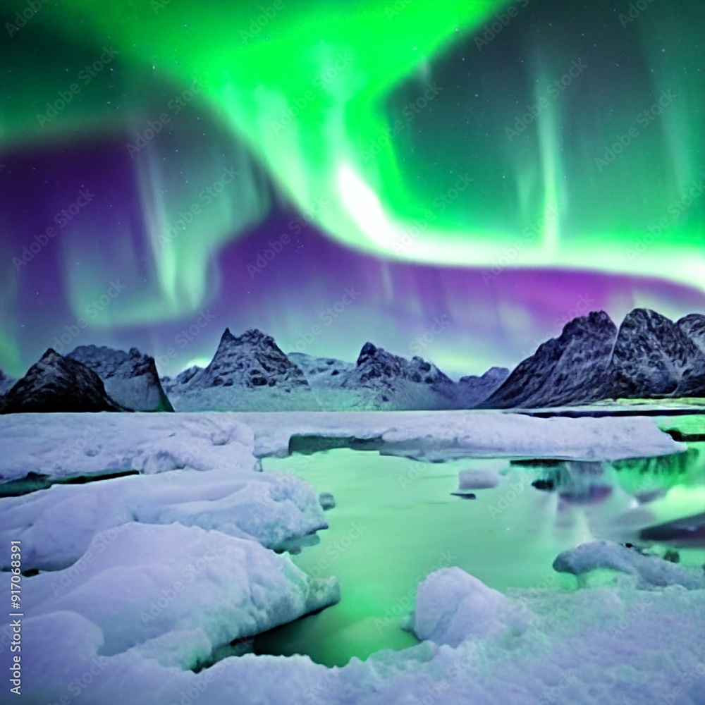 Northern Lights over the sea, snowy mountains at starry winter night ...