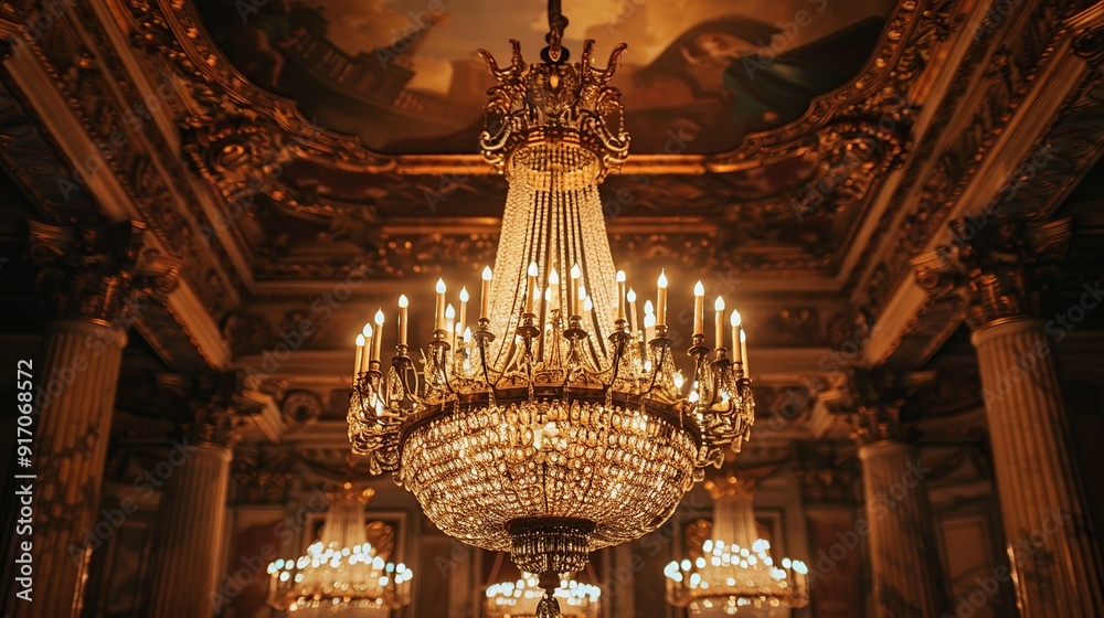 Obraz premium Chandelier hanging under a ceiling in a palace