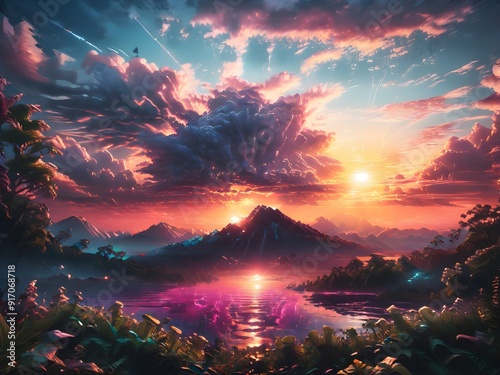 This captivating image features a man standing on a hill, gazing at a breathtaking sunset that paints the sky in vibrant hues of orange, pink, and purple.