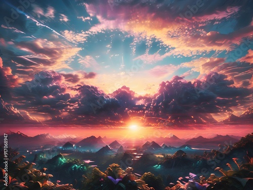 This captivating image features a man standing on a hill, gazing at a breathtaking sunset that paints the sky in vibrant hues of orange, pink, and purple.