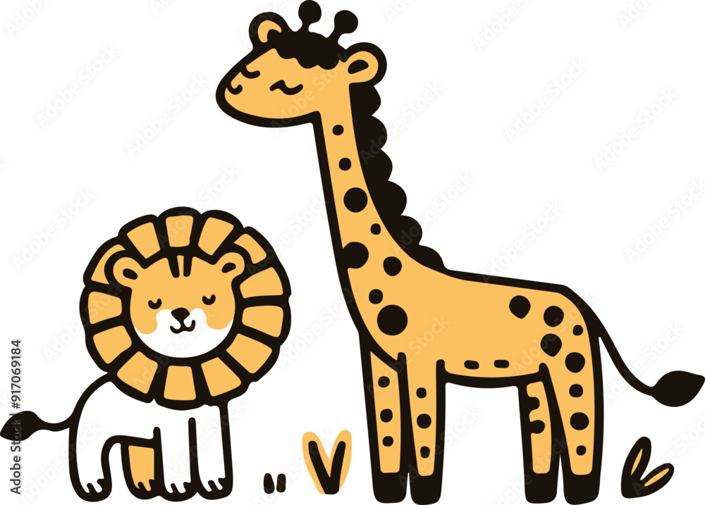 Hand Draw giraffe cartoon with lion Hand Draw giraffe cartoon with lion