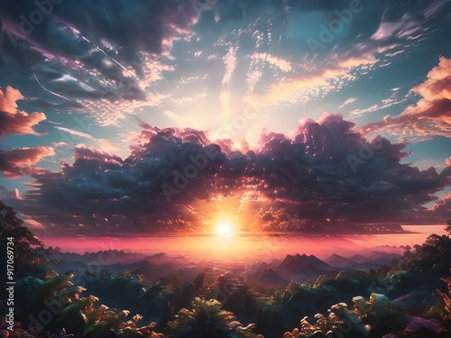 This captivating image features a man standing on a hill, gazing at a breathtaking sunset that paints the sky in vibrant hues of orange, pink, and purple.