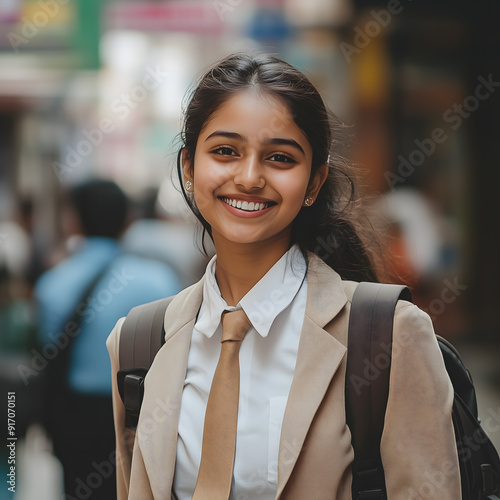 
beautiful smiling Indian girl in school uniform, holding her hand on the chest and looking at camera, wearing beige blazer with tie