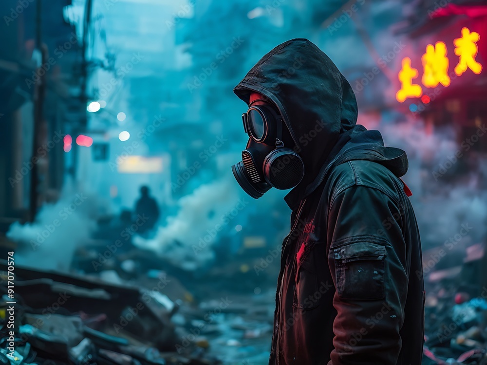 Man in Gas Mask on a Destroyed Street Man in Gas Mask on a Destroyed Street