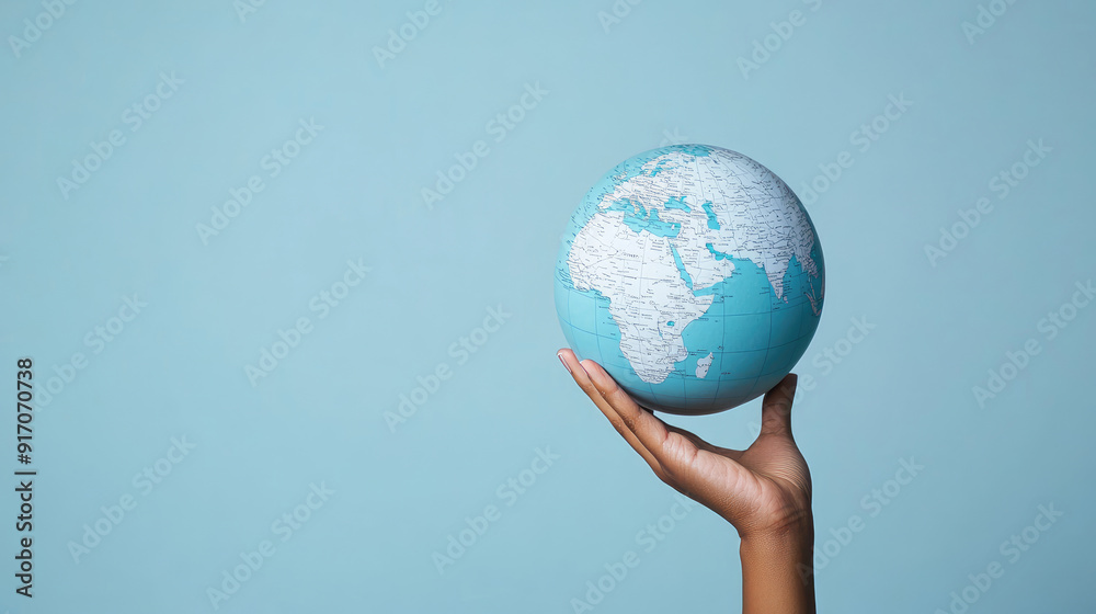 A hand holding a globe against a light blue background, symbolizing global awareness and interconnectedness.