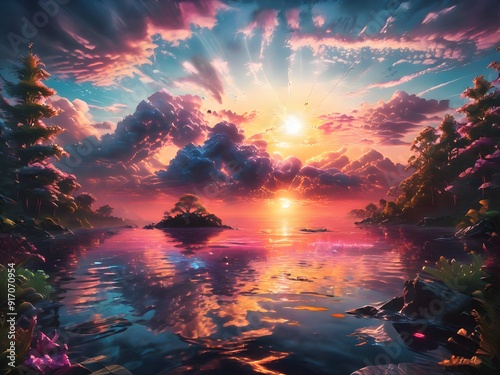 This captivating image features a man standing on a hill, gazing at a breathtaking sunset that paints the sky in vibrant hues of orange, pink, and purple.