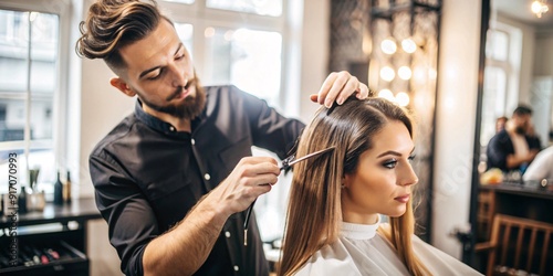 Professional Haircut in Modern Salon. A skilled hairstylist carefully cuts a client's hair in a well-lit, contemporary salon setting. 