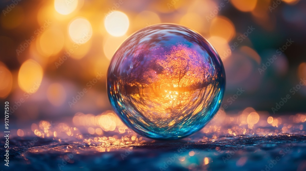 A Colorful Sphere Reflecting a Serene Landscape with Bokeh Lights A Colorful Sphere Reflecting a Serene Landscape with Bokeh Lights