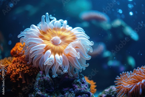 A vibrant sea anemone surrounded by colorful corals in an underwater scene.