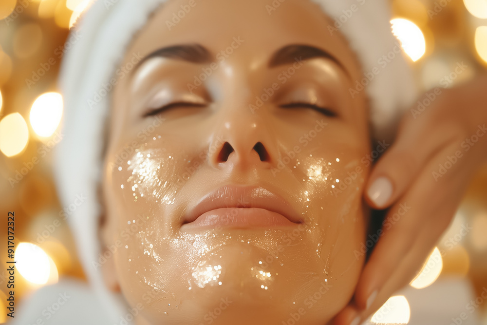 Woman is experiencing a deeply rejuvenating facial treatment that features a nourishing glow mask, while being immersed in warm lights that foster a calming atmosphere Woman is experiencing a deeply rejuvenating facial treatment that features a nourishing glow mask, while being immersed in warm lights that foster a calming atmosphere