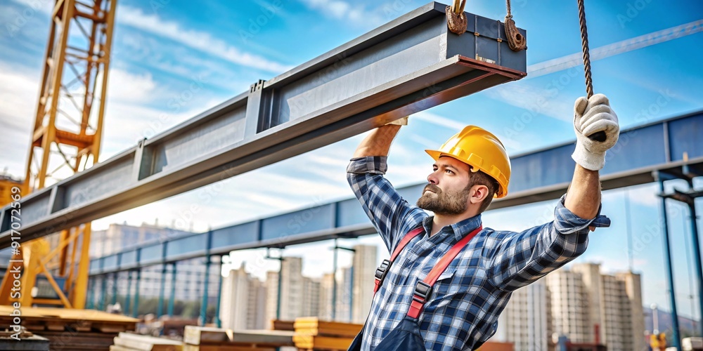 Steel Beam Handling in Industrial Factory. A skilled factory worker in safety gear carefully guides a steel beam being moved by a crane within a busy industrial warehouse setting. Steel Beam Handling in Industrial Factory. A skilled factory worker in safety gear carefully guides a steel beam being moved by a crane within a busy industrial warehouse setting.