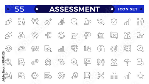 Assessment icons set. Stroke thin line vector illustration with goals, results, process, quality, evaluation, planning, analysis, auditing, financial report, measuring, expertise 