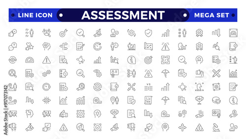 Assessment icons set. Stroke thin line vector illustration with goals, results, process, quality, evaluation, planning, analysis, auditing, financial report, measuring, expertise
