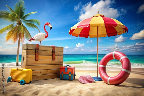 Wallpaper Mural Empty wooden board on the beach with Summer accessories and palm tree with Tropical Background Torontodigital.ca