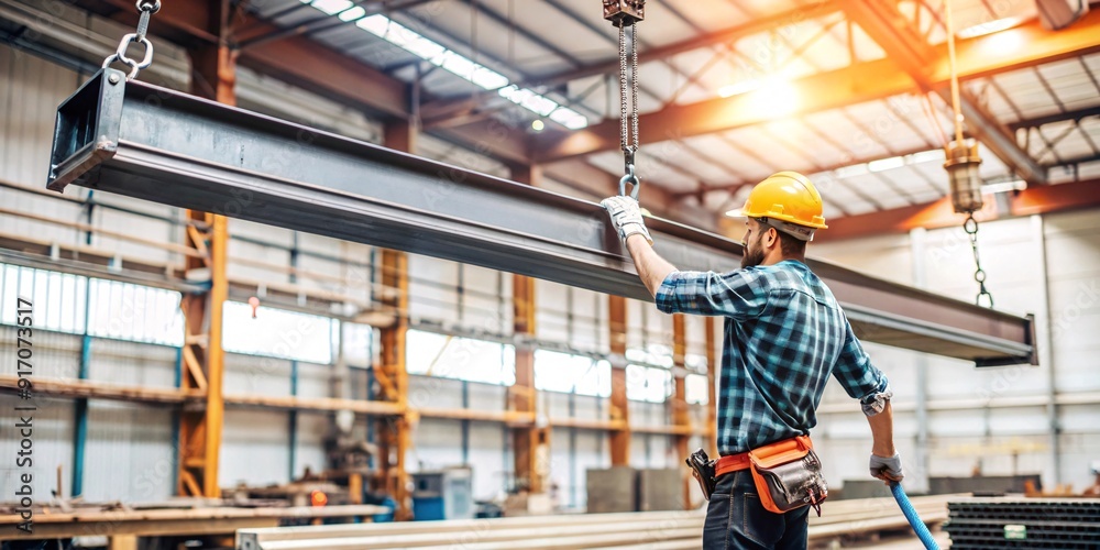 Steel Beam Handling in Industrial Factory. A skilled factory worker in safety gear carefully guides a steel beam being moved by a crane within a busy industrial warehouse setting. Steel Beam Handling in Industrial Factory. A skilled factory worker in safety gear carefully guides a steel beam being moved by a crane within a busy industrial warehouse setting.