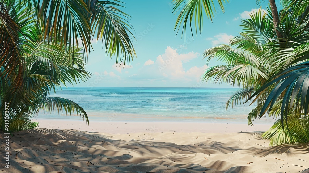 Tropical beach scene with bordering palm trees. Generative Ai Tropical beach scene with bordering palm trees. Generative Ai
