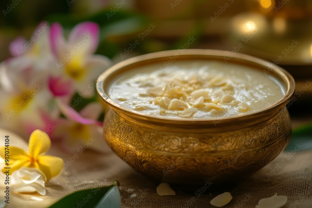 Temple Payasam Ari payasam or sarkara payasam in a golden uruli with flowers on the background, Onam sadhya special food Temple Payasam Ari payasam or sarkara payasam in a golden uruli with flowers on the background, Onam sadhya special food