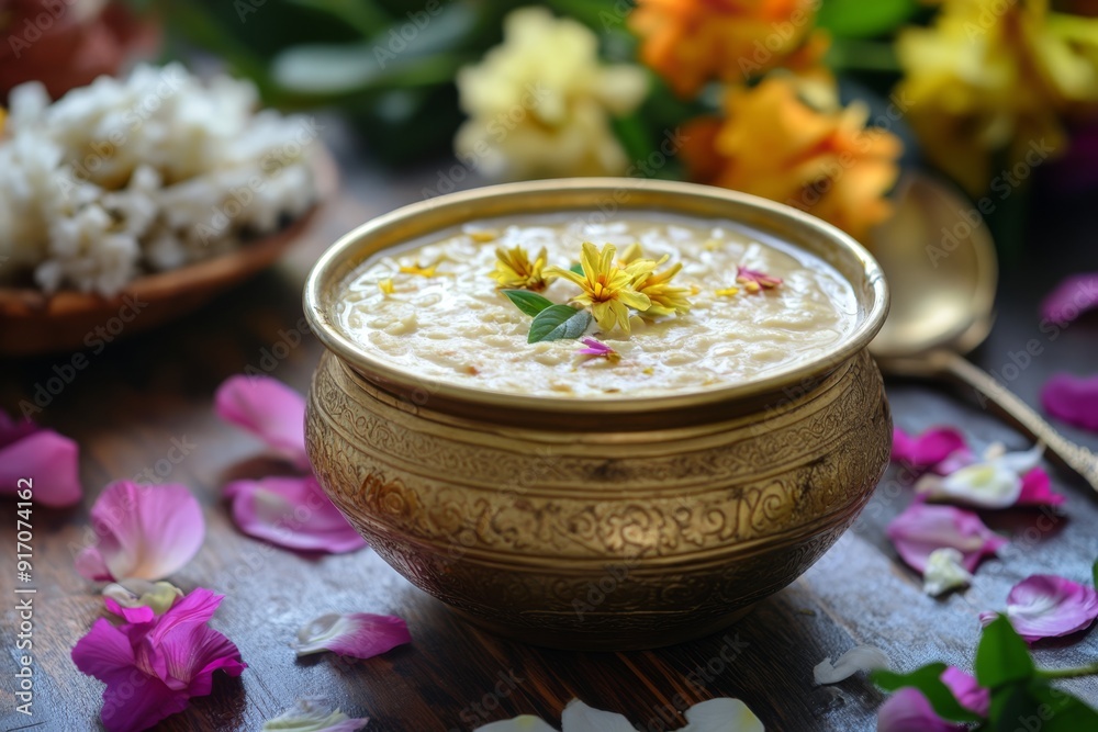 Temple Payasam Ari payasam or sarkara payasam in a golden uruli with flowers on the background, Onam sadhya special food Temple Payasam Ari payasam or sarkara payasam in a golden uruli with flowers on the background, Onam sadhya special food