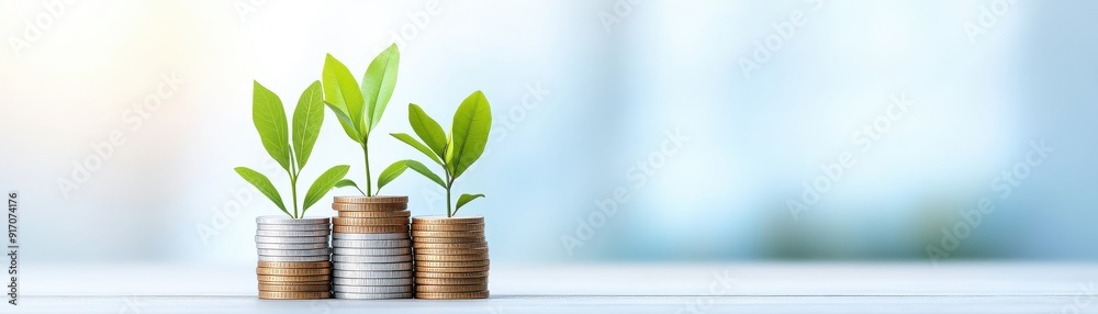 A fresh concept of financial growth represented by green plants emerging from coins, symbolizing investment and prosperity.