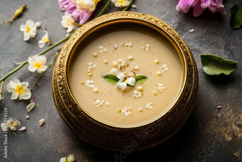 Temple Payasam Ari payasam or sarkara payasam in a golden uruli with flowers on the background, Onam sadhya special food photo