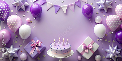 birthday cake with balloons and  purple background