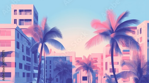 Miami Summer Vibes Retro Illustration with Vintage Pink and Blue Tones, Palm Trees, Coastal Buildings, and Classic 80s Aesthetic Elements. AI generated illustration.