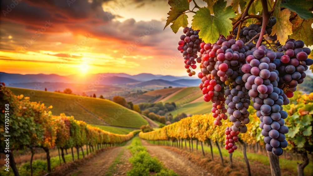 Naklejka premium Ripe red grapes on vineyards in Tuscany, Italy at sunset, harvest, autumn, vineyard, agriculture, nature, sunset, Tuscany