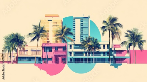 Miami Summer Vibes retro illustration. Vintage pink and blue colors, buildings, California palm trees, 80s style. Generation of Ai