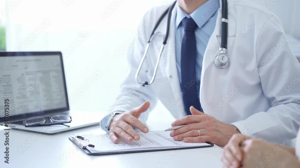 Doctor and a patient. The physician, wearing a white medical coat over a blue shirt and tie, gesturing with his hands during a consultation in the clinic. Medicine concept Doctor and a patient. The physician, wearing a white medical coat over a blue shirt and tie, gesturing with his hands during a consultation in the clinic. Medicine concept