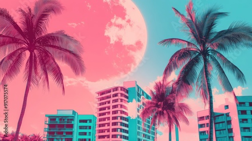 Miami Summer Vibes retro illustration. Vintage pink and blue colors, buildings, California palm trees, 80s style. Generation of Ai