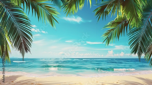 Tropical beach scene with bordering palm trees. Generative Ai