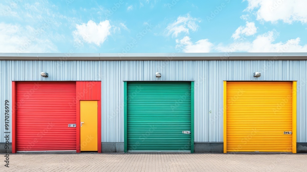 Naklejka premium Mini colorful metal sheds for rent, shed exterior, industrial garage building. Ai generation