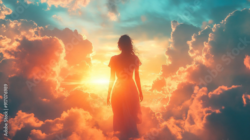 Silhouette of a woman in a dress in the heaven sky with a bright sunlight on a horizon. Spiritual or religious concept. Astral body concept. 