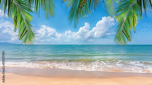 Tropical beach scene with bordering palm trees. Generative Ai