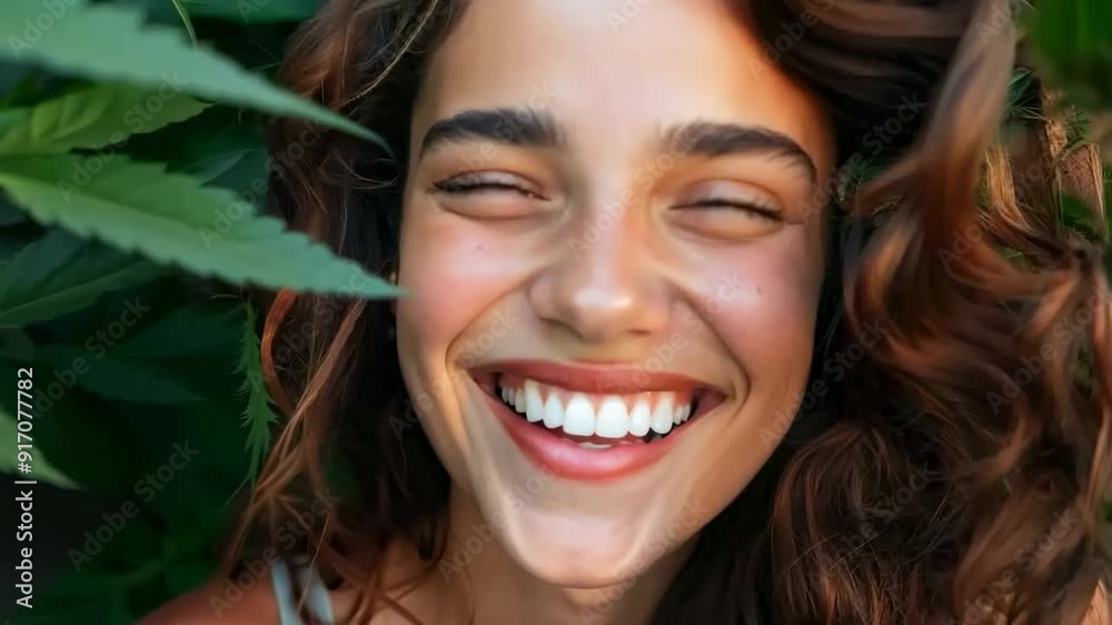 A young woman beams with happiness, embracing nature's beauty amid vibrant green plants under a clear blue sky A young woman beams with happiness, embracing nature's beauty amid vibrant green plants under a clear blue sky