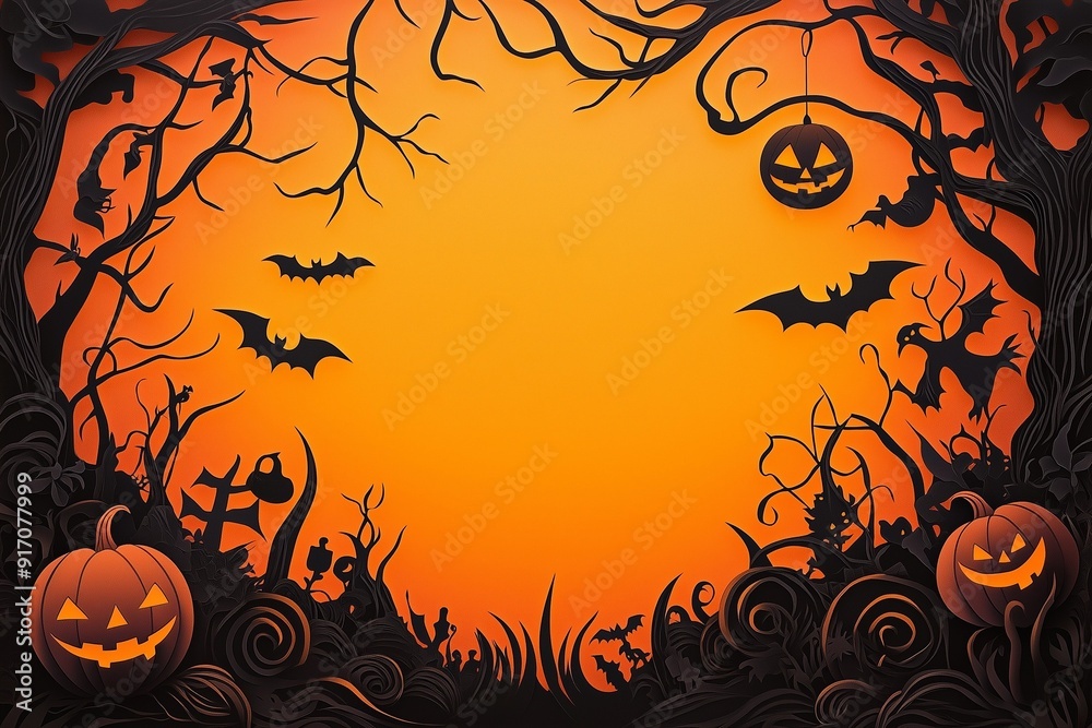 Black and Orange Paper Cut Design with Halloween Elements Black and Orange Paper Cut Design with Halloween Elements