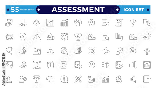  Assessment icons set. Editable stroke outline icon with goals, results, process, quality, evaluation, planning, analysis, auditing, financial report, measuring, expertise. 