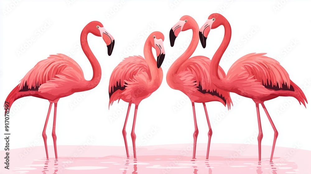 Obraz premium Group of flamingos standing in shallow water with vivid pink hues watercolor style.