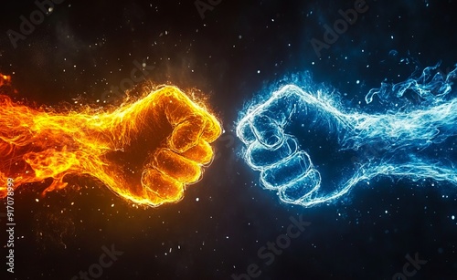 Two fists in the air with fire and water