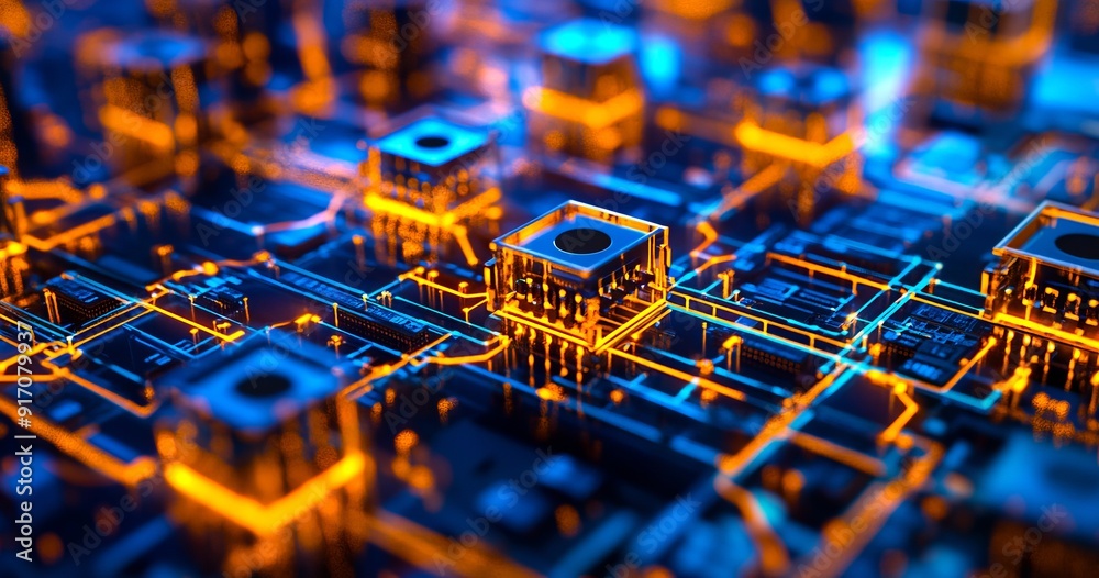 A close up of a computer circuit board with a blue and yellow background A close up of a computer circuit board with a blue and yellow background