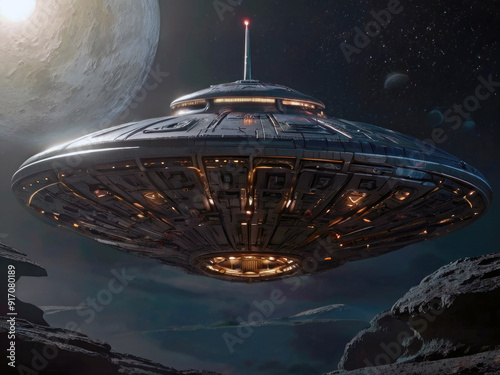 Close-up of a flying saucer shaped UFO hovering past a moon and over a canyon at night with its hull illuminated with lights