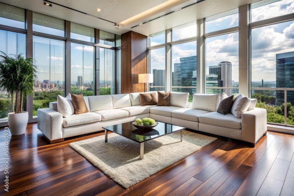 Fototapeta premium Sleek modern living space with white plush sofa